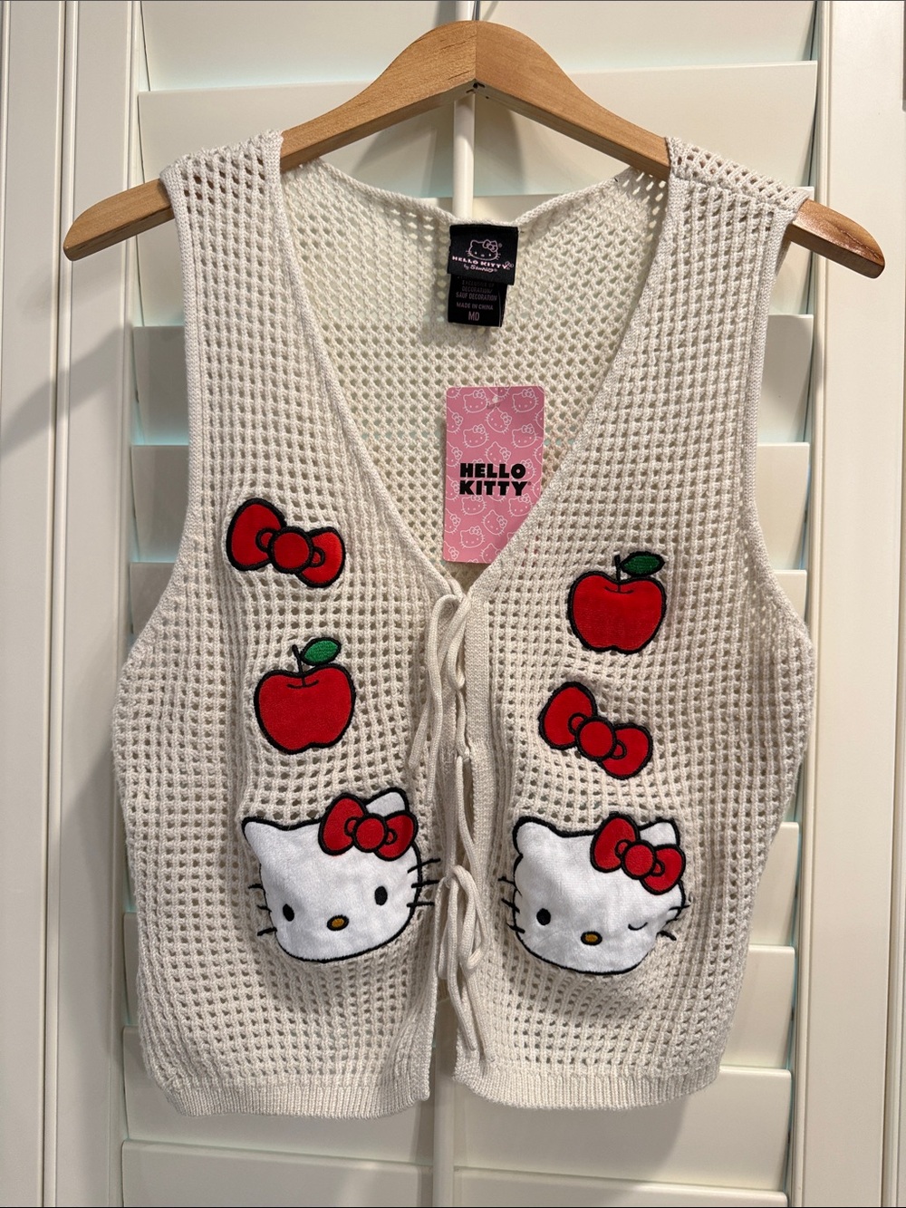 Hello Kitty White Knit Vest with Red Apple & Bow Appliqués